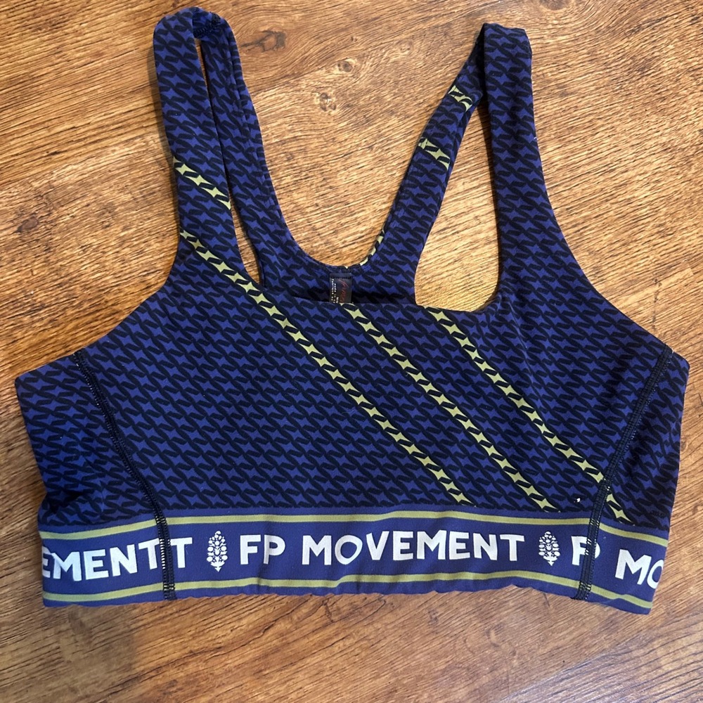FP Movement Womens faded Navy Blue Geometric‎ Logo Band Racerback Sports Bra